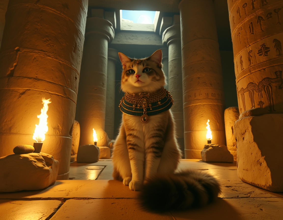 Cat dressed in luxurious golden regalia sits in an ancient Egyptian temple at night, surrounded by hieroglyphs and lit torches. The cat exudes the aura of a revered feline goddess, capturing the timeless majesty of ancient Egypt.